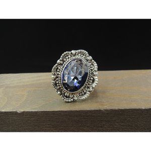 Size 7 Sterling Silver Fancy Large Purple Glass Gemstone Band Ring Vintage